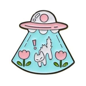 Cat UFO Alien Abduction Pink Enamel Pin